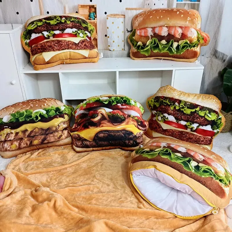 Travesseiro de hambúrguer de pelúcia realista, brinquedo de simulação, travesseiro de lance de hambúrguer de fast food com cobertor, almofada 2 em 1 — image 2