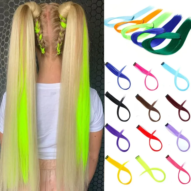 Lupu Synthetic Long Straight Rainbow Highlight Colored Hair Extensions Clip In Fake Hair Pieces For Women Heat Resistant — image 2