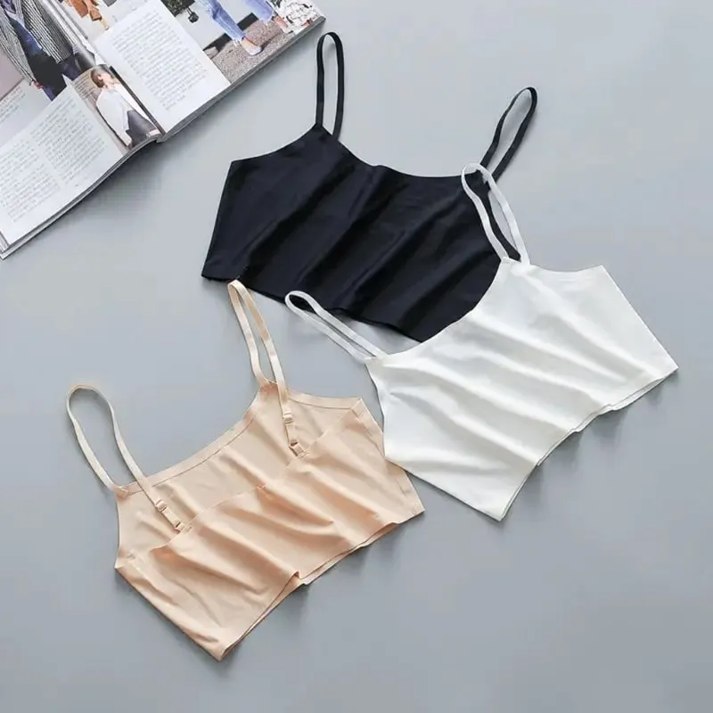 Women Girls Summer Ice Silk Crop Top Spaghetti Strap Seamless Bralette Solid Color Wire Free Basic Stretch Camisole Vest