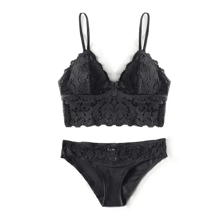 Hollow Out Lace Triangle Cup Bra with Padded Wire Free Set Underwear Lace Top Bra and Panties Set Lingerie for Women