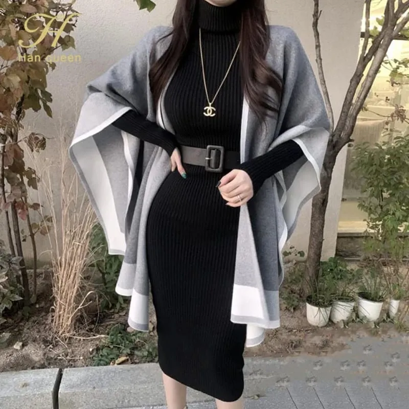 H Han Queen Knitted Bodycon Dress Bottoming Women Soft Elastic Turtleneck Sweater Autumn Winter Midi Party Dresses With Belt — image 2