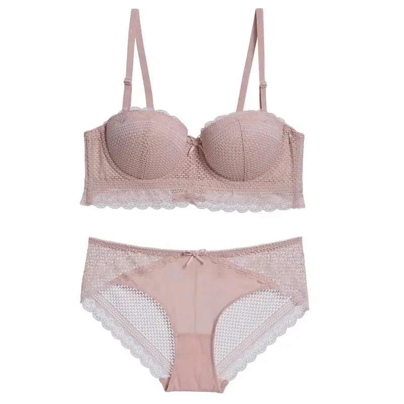 Sexy Hollow Out Lace Half Cup Push Up Bra with Removable Straps Broadside Strapless Bra and Panties Set Underwear Women Lingerie — image 2