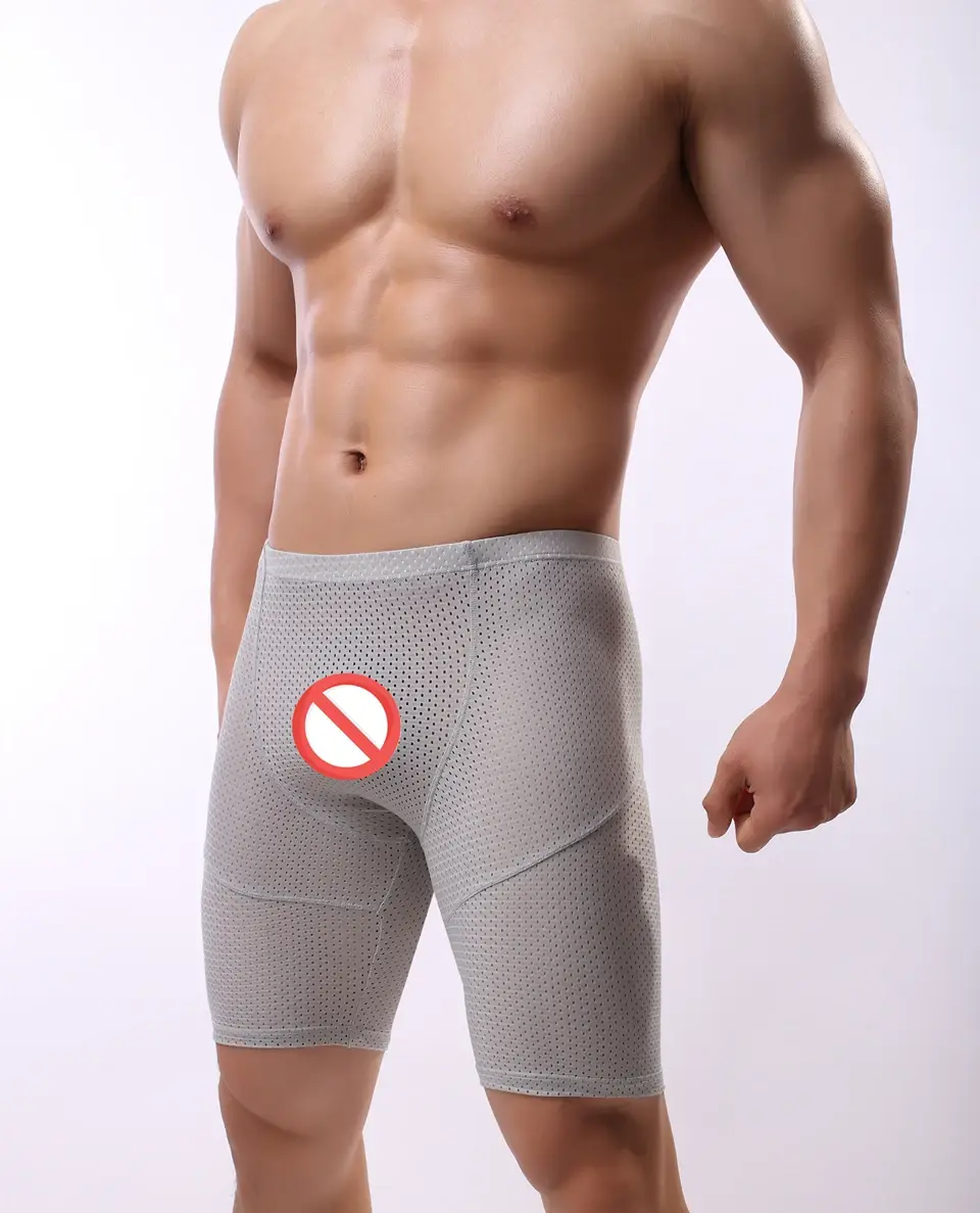 Fitness długie męskie bokserki siatkowa oddychająca bielizna męska bokserki spodenki z długimi nogawkami seksowne majtki do biegania z etui — image 7