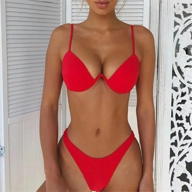 Women 2PCS Bikini Set Solid Color Wire Padded V-Shaped Back Buckle Bra Triangle High Waist Panty Summer Swimming Set Underwear — image 10