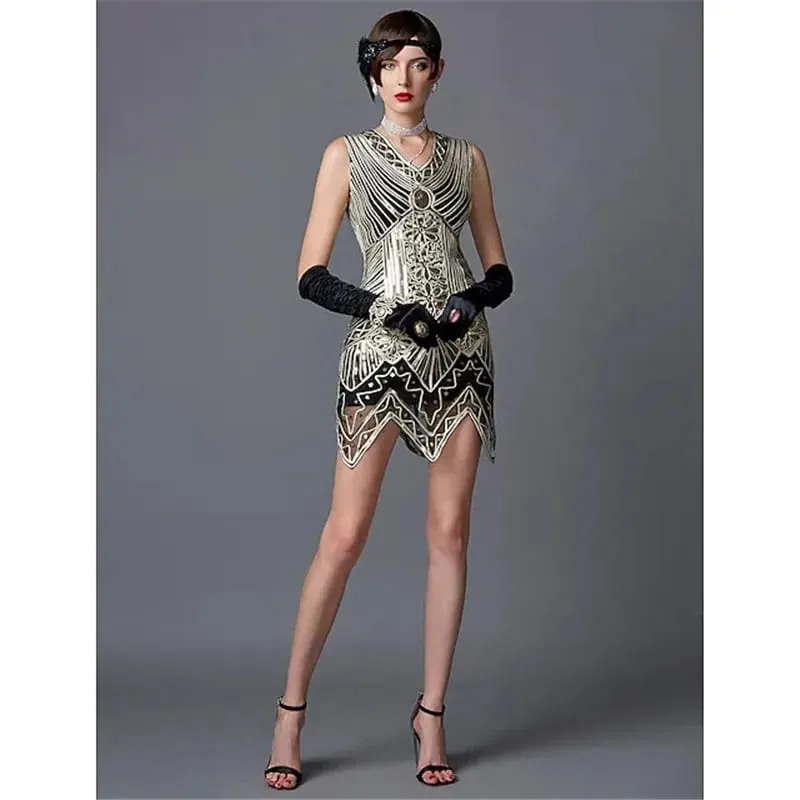 1920s Women's Sequin Triangle Hem Dress Sleeveless Gold Thread Embroidery Tassel Gatsby Party Dress — image 5