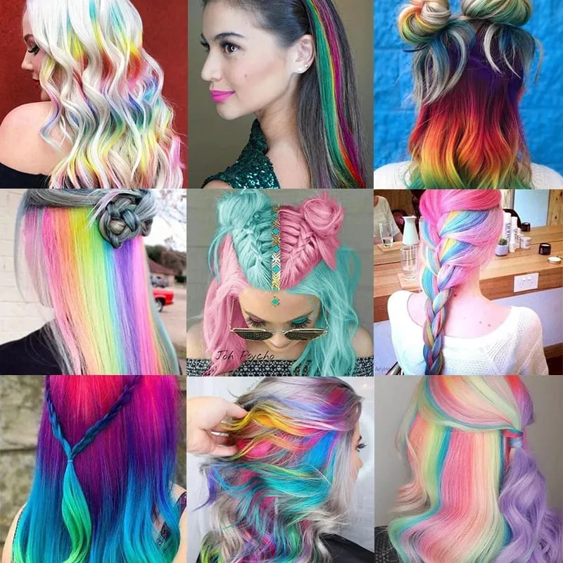 22 Inch Synthetic Colored Highlight Hair Extensions Rainbow Long Straight Hairpieces for Women Kids Girls Purple Pink Blue