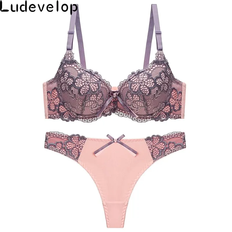 Good Quality Sexy Brassiere Embroidered Underwear Set ABC Cup Women Bra Set Push Up Lace Bra Thong Sets — image 8