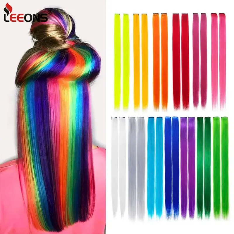 Synthetic Clip In One Pieces Raiinbow Hair Extensions Straight Synthetic Hair Pieces 18" Long Ombre Hair Pink Purple Red Blue — image 2