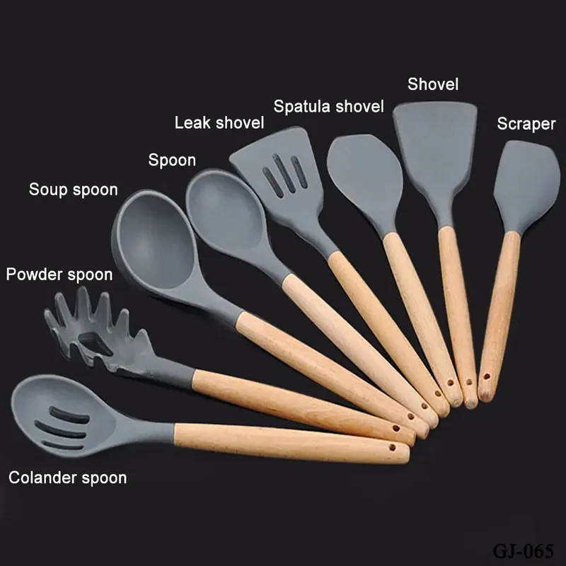 Silicone World Cooking Kitchenware Tool Silicone Utensils With Wooden Multifunction Handle Non-Stick Spatula Spoon Brush — image 2