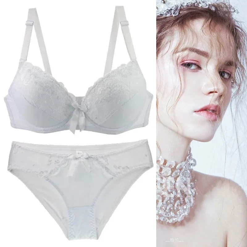 2021 New Women Push Up Bra Sets Intimates Lace Thongs Underwear Solid Bow 70-105 BCDE Cup Female Plus Size Lingerie — image 4
