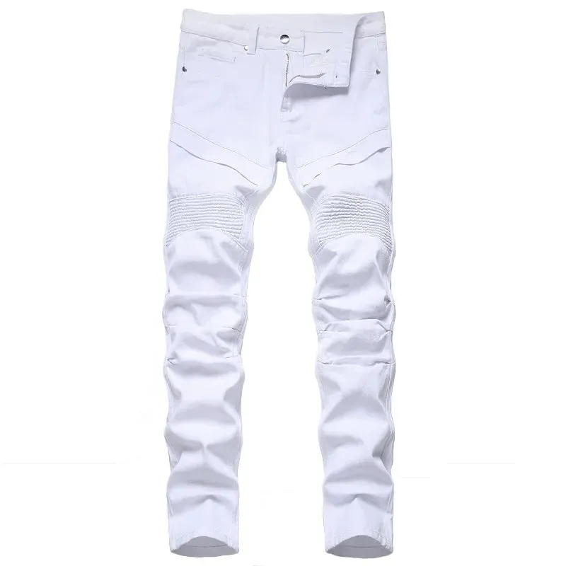 Men's Biker Jeans Black White Pleated Denim Pants Plus Size Slim Straight Classic Trousers — image 11