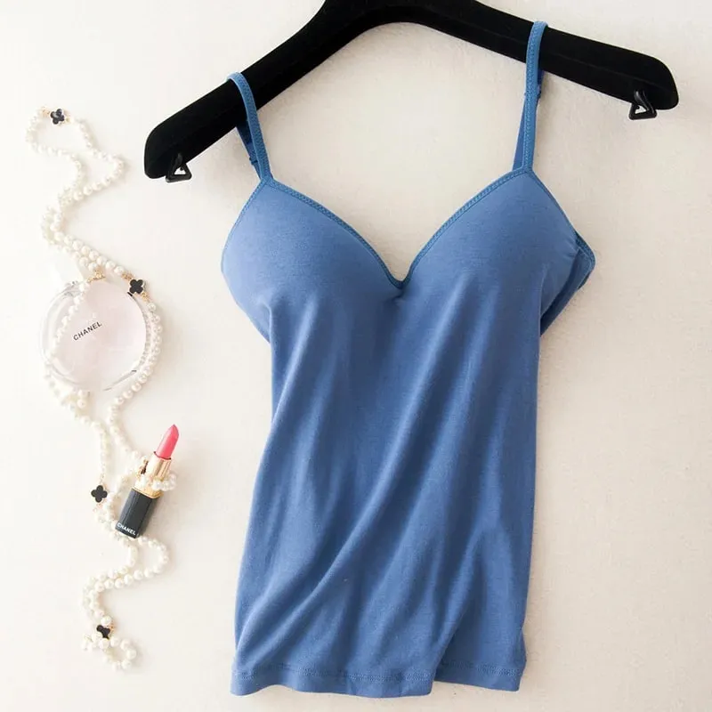 2024 Retro Vintage Basic&Casual Contracted wind Women Padded Bra Spaghetti Strap V Neck Vest Cami Tank Tops Shirt Blouse — image 9