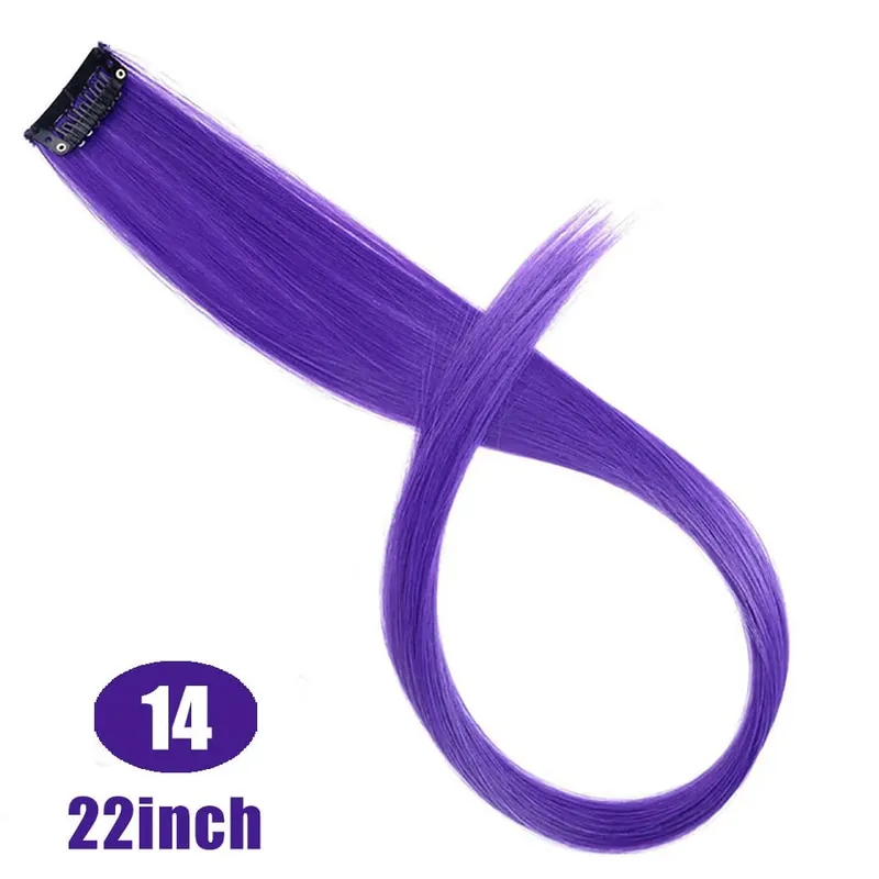 22 Inch Synthetic Colored Highlight Hair Extensions Rainbow Long Straight Hairpieces for Women Kids Girls Purple Pink Blue