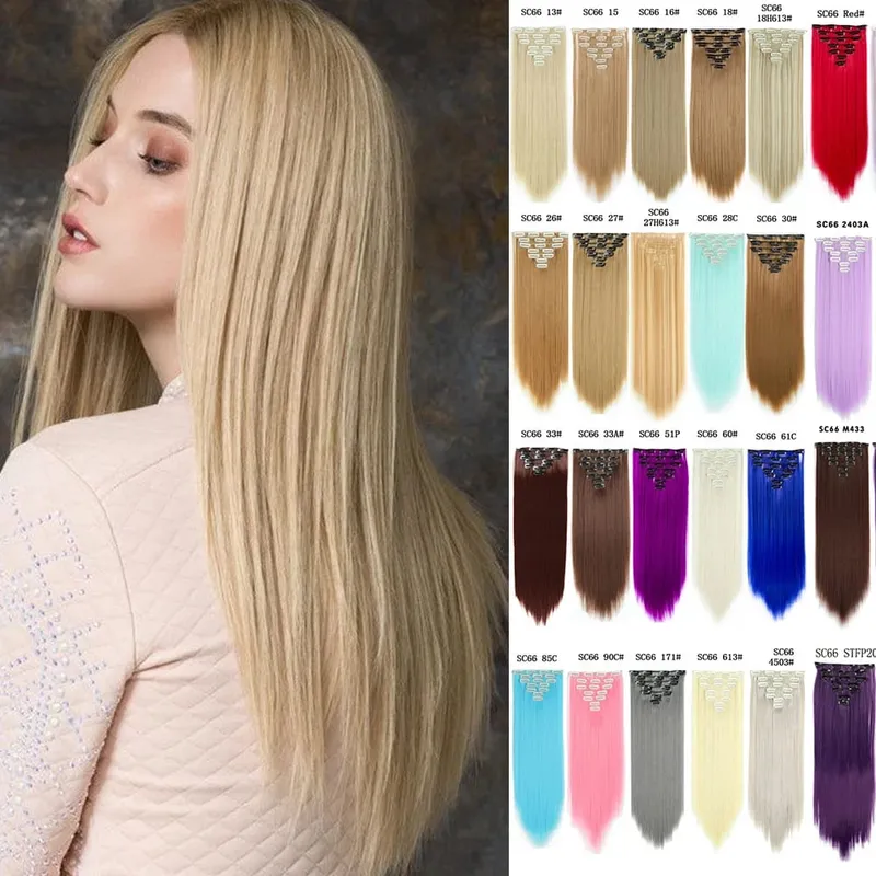 Synthetic 16 Clips In Hair Extension Long Straight Hair Fake False Hairpiece Clip In Hair Extension — image 1
