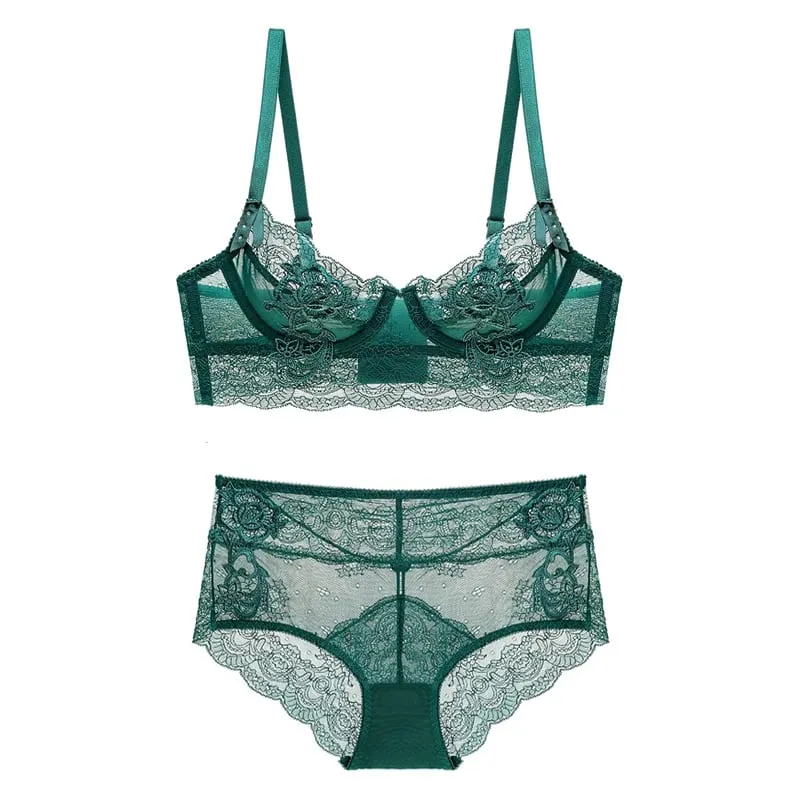 Pink Mesh Bra And Panty Sets For Women Plus Size C D Transparent No Padding See Through Underwire Floral Sexy Underwear Lingerie