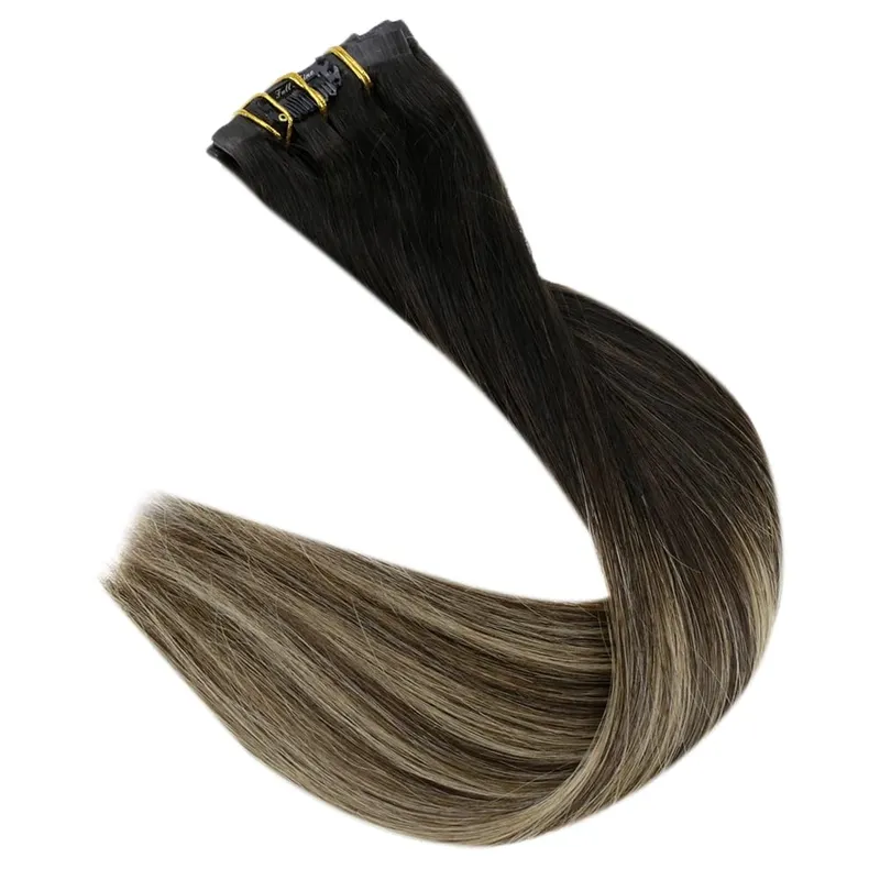 Full Shine Seamless Invisible Clip In Extensions Human Hair 8 Pcs 120g Remy Balayage Blonde Color