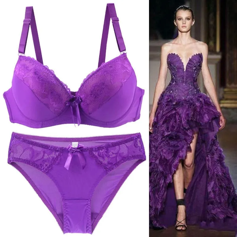 2021 New Sexy Push Up Bra Sets Intimates Lace Middle Mold Cup Thongs Underwear Solid Bow 70-105 BCDE Female Plus Size Lingerie