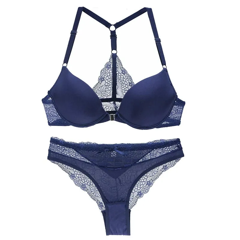 2022 New Sexy Halter Deep V Push Up Bras Set Solid Smooth Bow Decorative Women Underwear AB Cup Girls Lingerie — image 5
