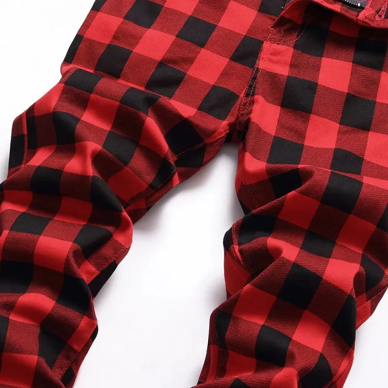 Men Red Plaid Printed Pants Fashion Slim Stretch Jeans Trendy Plus Size Straight Trousers — image 4
