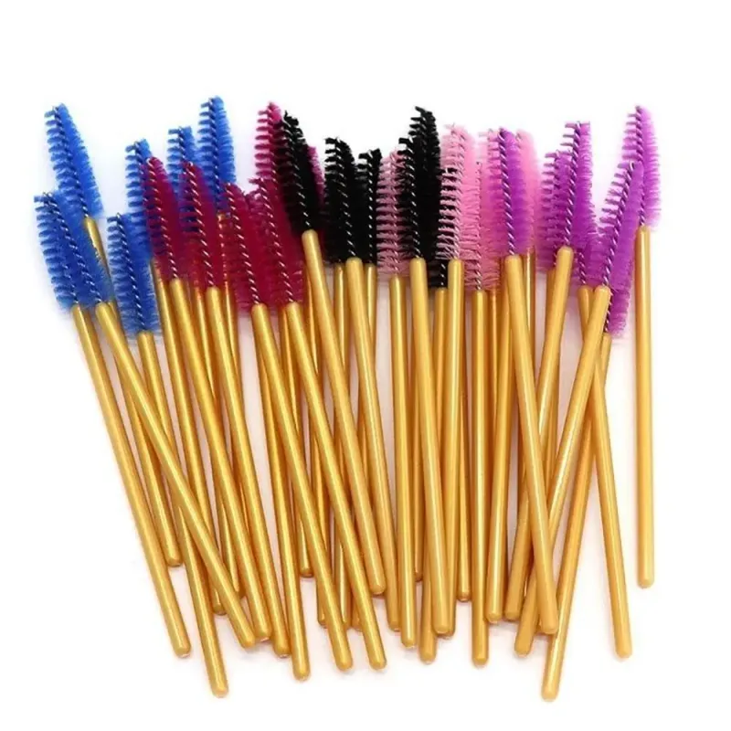 50Pcs/Pack Disposable Micro Eyelash Brushes Mascara Applicator Wand Brushes Comb Eye Lashes Brush Makeup Tools Gold Handle