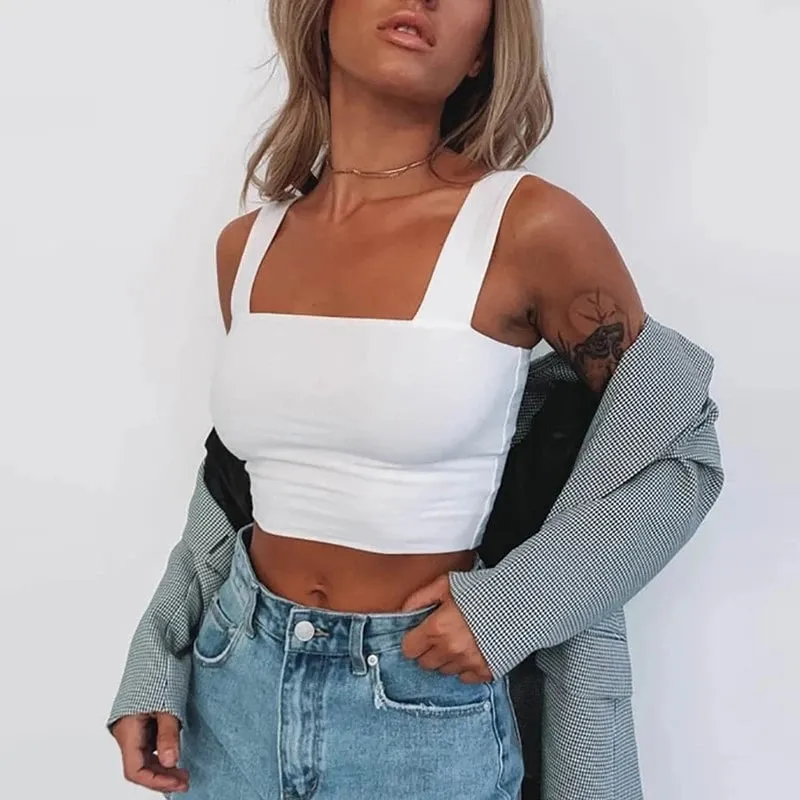 Square Neck Sleeveless Summer Crop Top White Women Black Casual Basic T Shirt Off Shoulder Cami Sexy Backless Tank Top — image 2