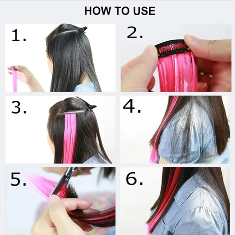 Long Straight Color Hair Piece Hair Extensions Clip In Highlight Rainbow Hair Streak Pink Synthetic Hair Strands on Clips
