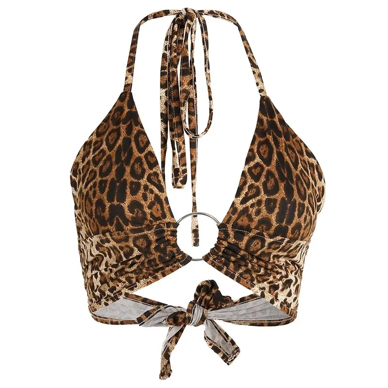 Leopard Printed Sexy Halter Crop Top Women Camis Backless Bandage Lace Up Sequins Metal Ring Tank Top 2020 Party Club Bustier