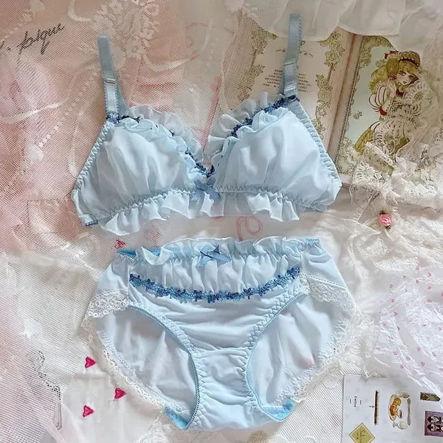 Japanese Student Girl's Underwear Set Cotton Bow Lace Wireless Bras Thongs Lace Lingerie Set Women Push Up Bra and Panty