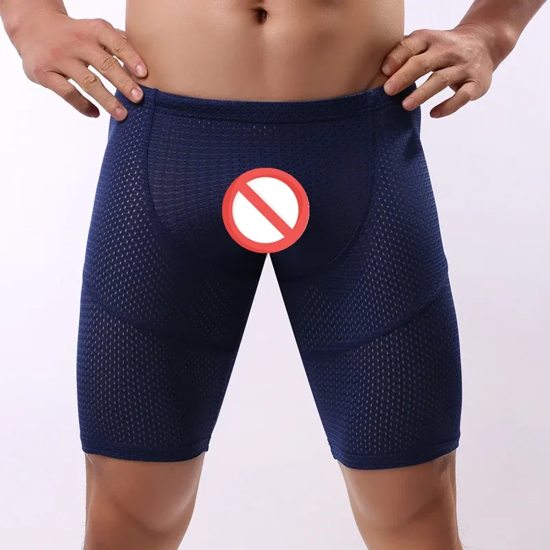 Fitness długie męskie bokserki siatkowa oddychająca bielizna męska bokserki spodenki z długimi nogawkami seksowne majtki do biegania z etui