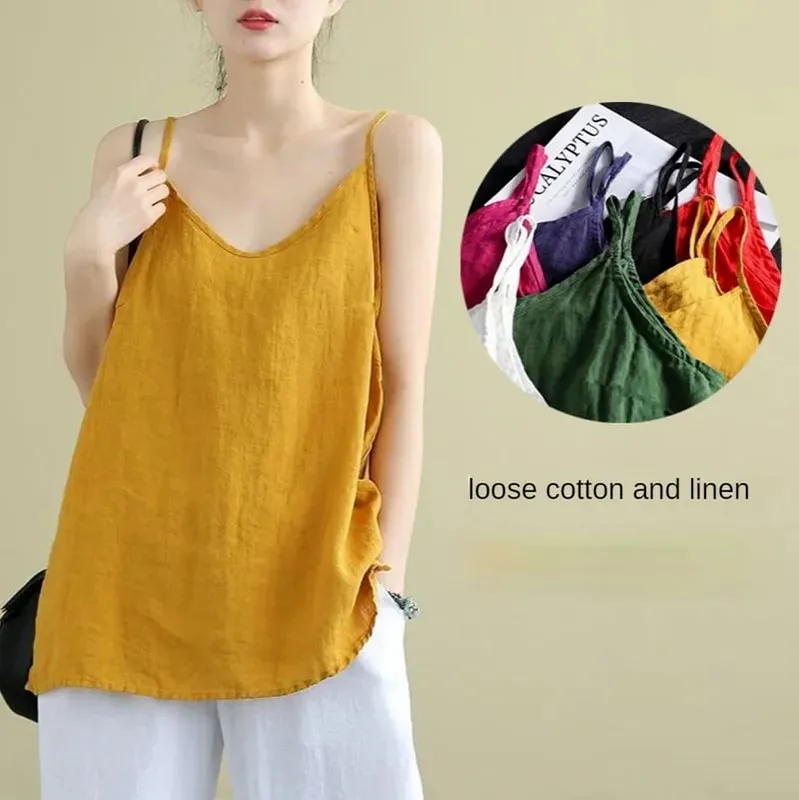 Women's Summer Top Cotton Linen Spaghetti Strap Top Women Halter V Neck Basic Yellow Sleeveless Tank Tops Loose Casual Camis — image 1