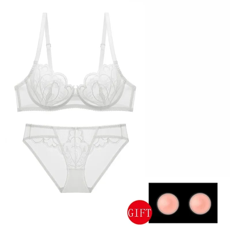 Vit spets Genomskinlig sexig bh- och trosset Plus Size D E Cup Blommig Mesh Damunderkläder Röda BH:ar Underkläderset för damer — image 2