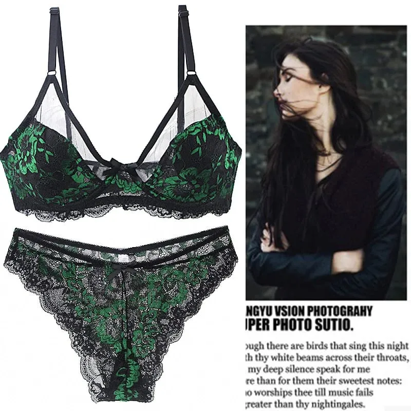 Women Ultra-thin BCDE Cup Mesh Lace Underwear Transparent Bra Sets Beauty Back Hollow Embroidery Female Lingerie — image 1