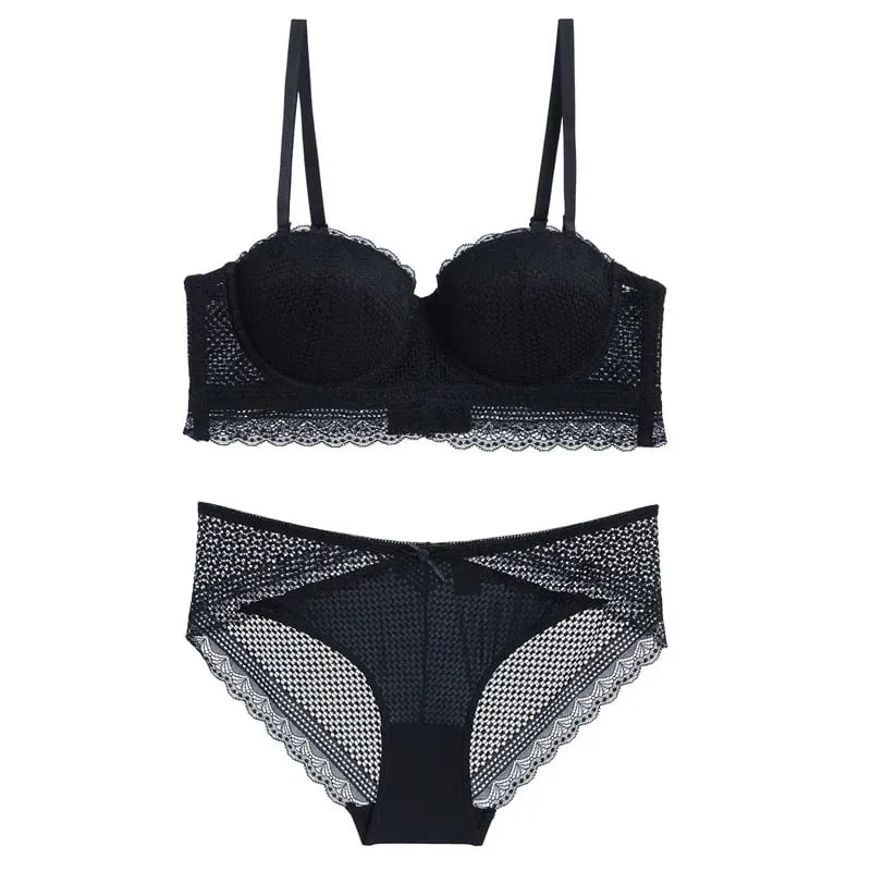 Sexy Hollow Out Lace Half Cup Push Up Bra with Removable Straps Broadside Strapless Bra and Panties Set Underwear Women Lingerie