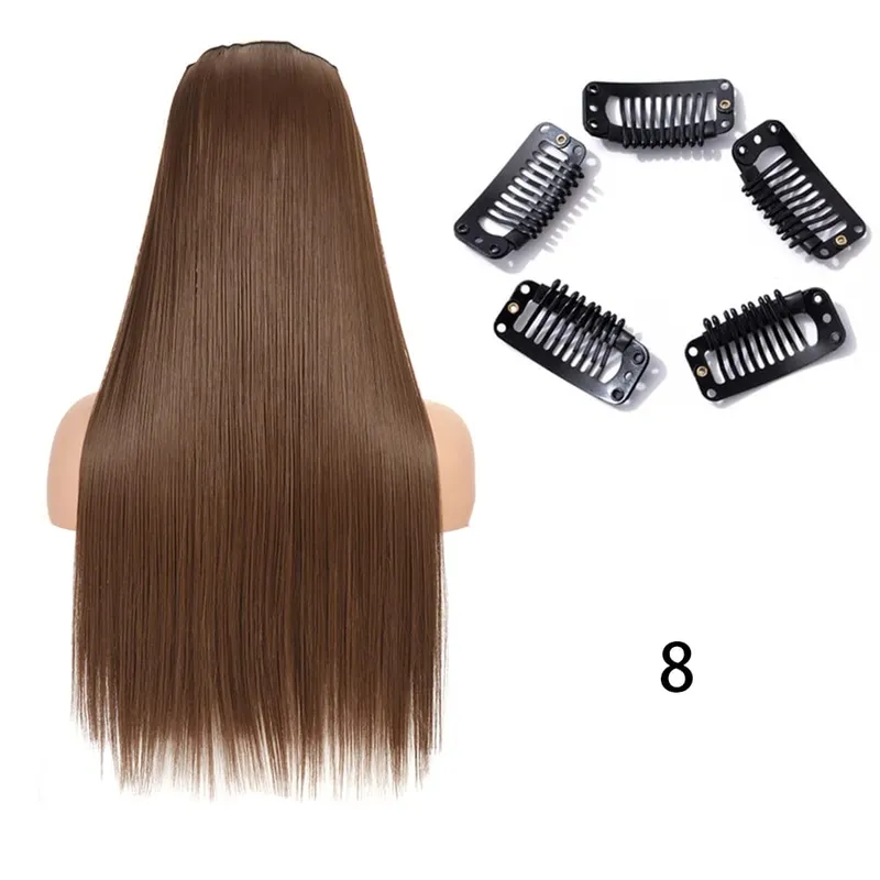 Synthetic Long Straight Clip In One Piece Hair Extension 5 Clips False Blonde Hair Brown Black Heat Resistant Fake Hair — image 12