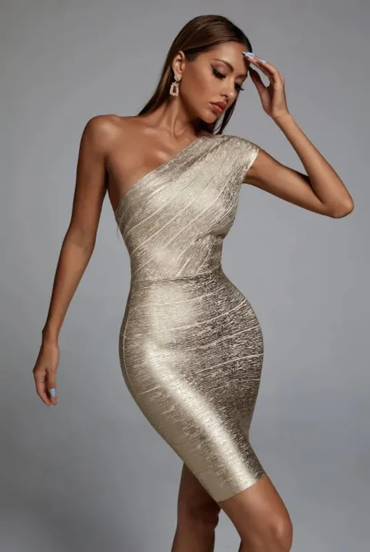 High Quality Celebrity One Shoulder Foiling Gold Print Rayon Bandage Dress Elegant Club Party Dress Vestidos — image 2