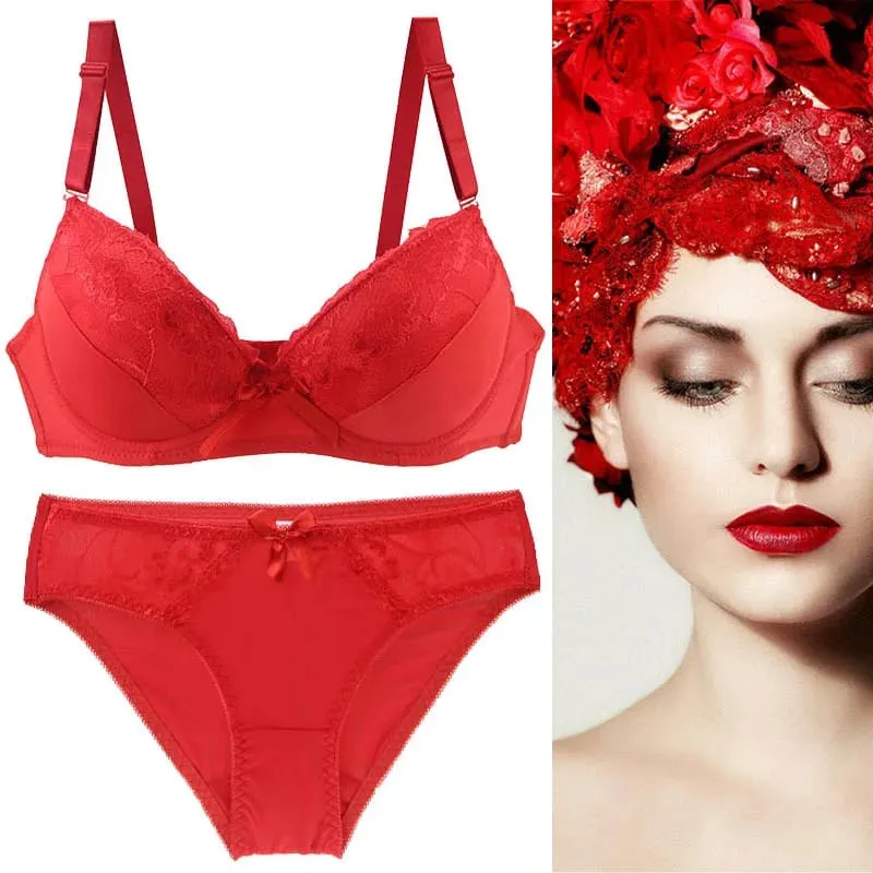 2021 New Sexy Push Up Bra Sets Intimates Lace Middle Mold Cup Thongs Underwear Solid Bow 70-105 BCDE Female Plus Size Lingerie