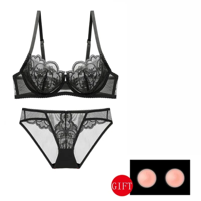 Vit spets Genomskinlig sexig bh- och trosset Plus Size D E Cup Blommig Mesh Damunderkläder Röda BH:ar Underkläderset för damer