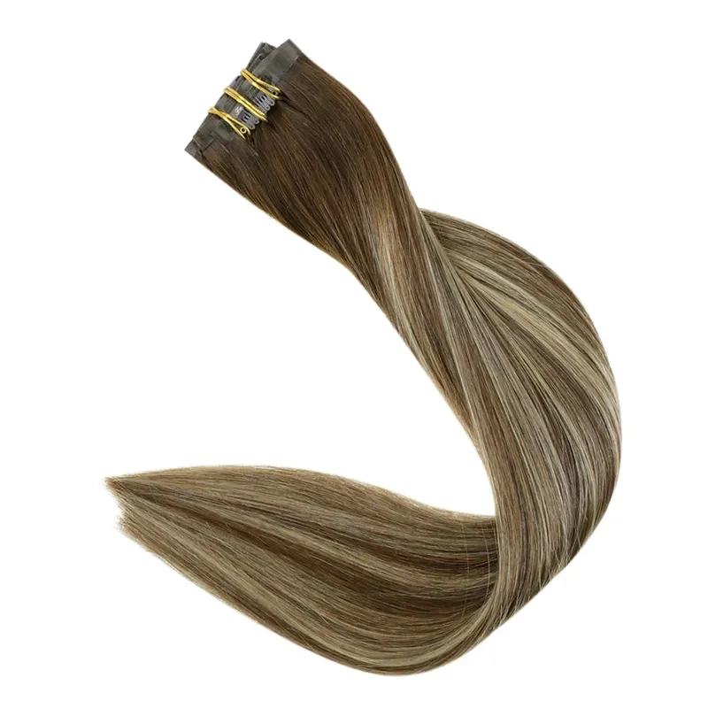 Full Shine Seamless Invisible Clip In Extensions Human Hair 8 Pcs 120g Remy Balayage Blonde Color