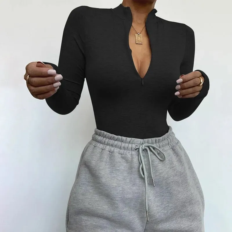 Solid Zipper Bodycon Bodysuits Women Sexy Mock Neck Autumn Long Sleeve Fashion Slim Basic Body Winter Gray Outfits Lady — image 3