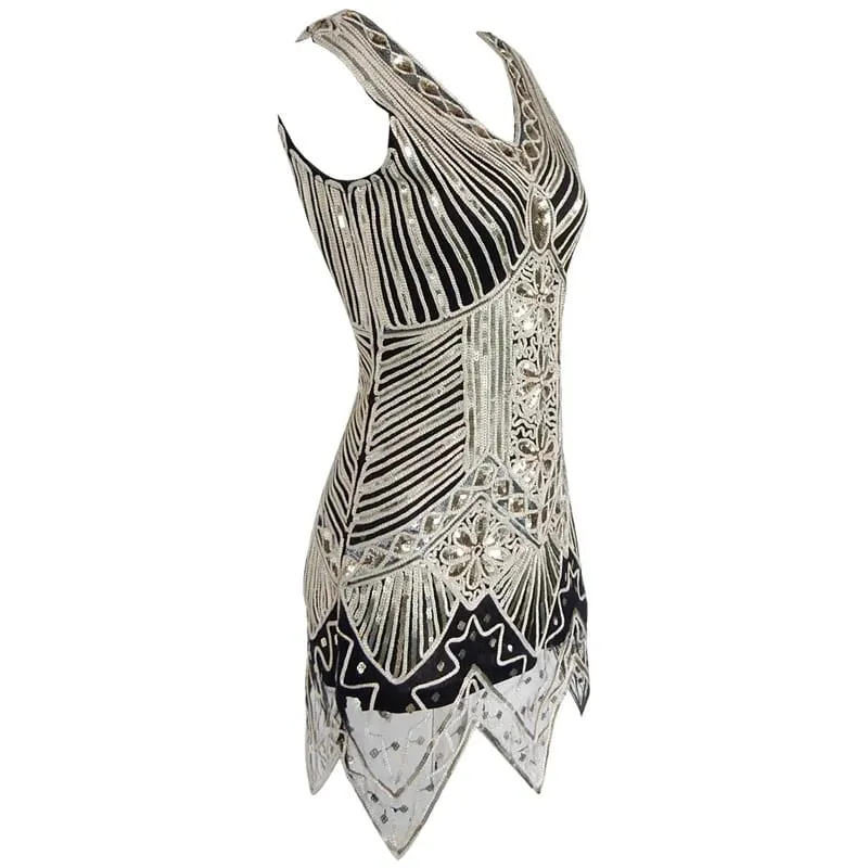 1920s Women's Sequin Triangle Hem Dress Sleeveless Gold Thread Embroidery Tassel Gatsby Party Dress — image 4