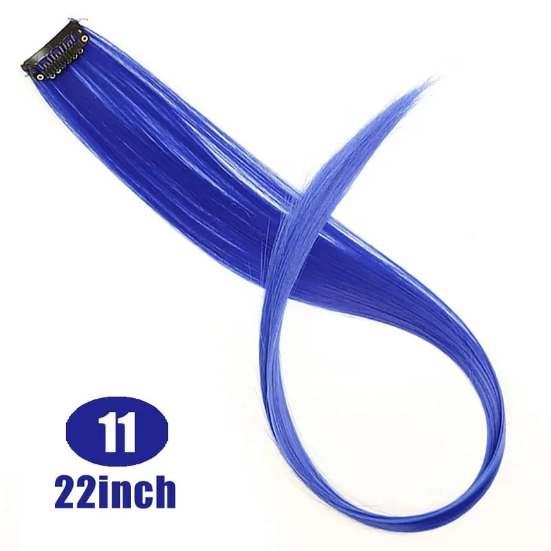 22 Inch Synthetic Colored Highlight Hair Extensions Rainbow Long Straight Hairpieces for Women Kids Girls Purple Pink Blue