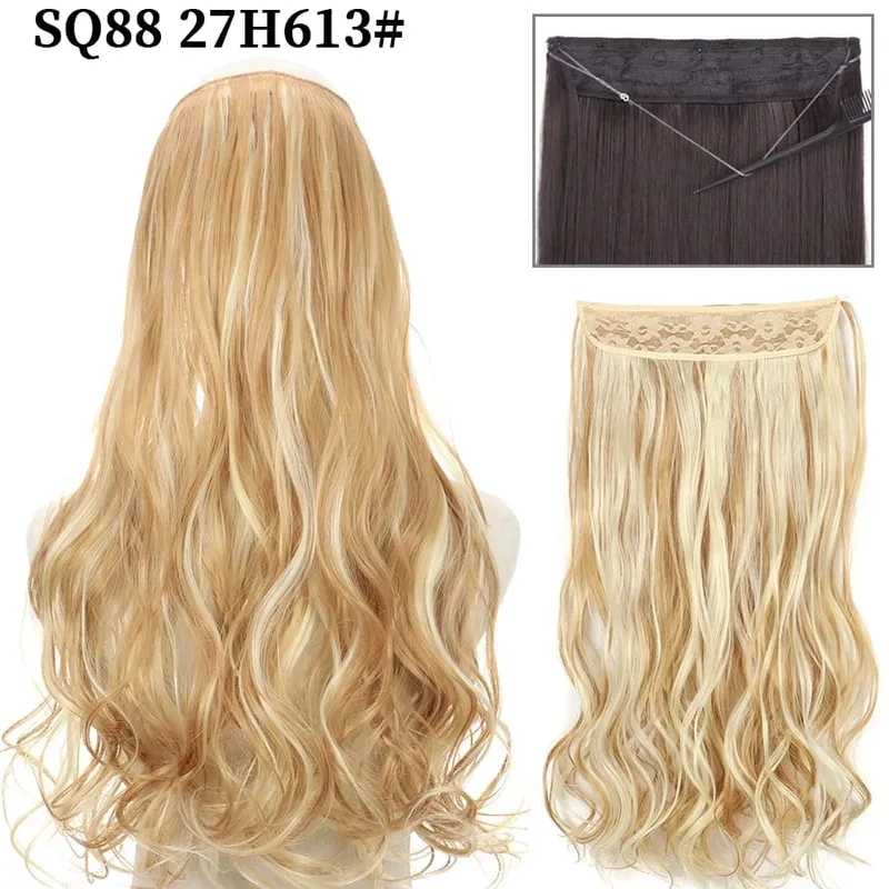 Synthetic Invisible Wire No Clip Wave Hair Extensions Long Hairpiece Black Brown Blonde For Women Fake Hair Piece — image 24