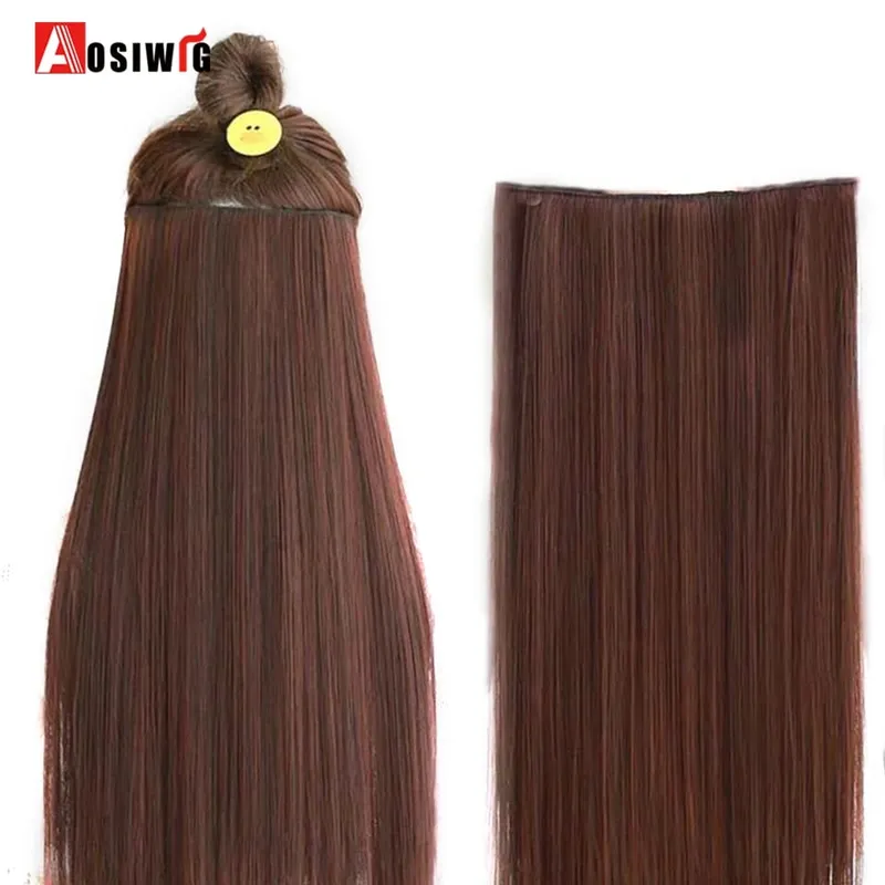 Apliques de cabelo falsos naturais longos e retos, preto, marrom, alta temperatura, sintético, 5 clipes em extensões de cabelo para mulheres