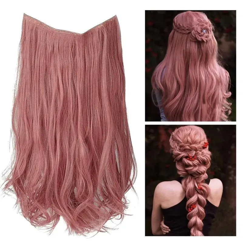 Synthetic Hair Extensions No Clips Fake Ombre Pink Blonde Brown Black Natural Wavy False Hair Piece For Woman — image 21