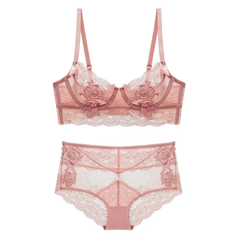 Pink Mesh Bra And Panty Sets For Women Plus Size C D Transparent No Padding See Through Underwire Floral Sexy Underwear Lingerie