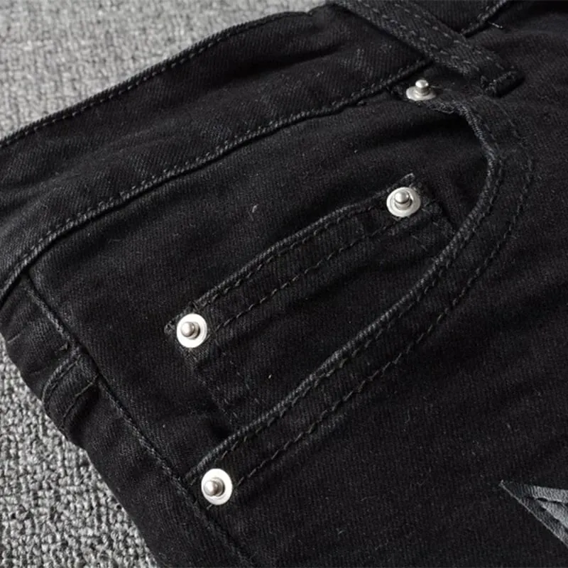 Men's Leather Stars Patch Jeans Black Stretch Denim Pencil Pants Slim Skinny Patchwork Trousers — image 4