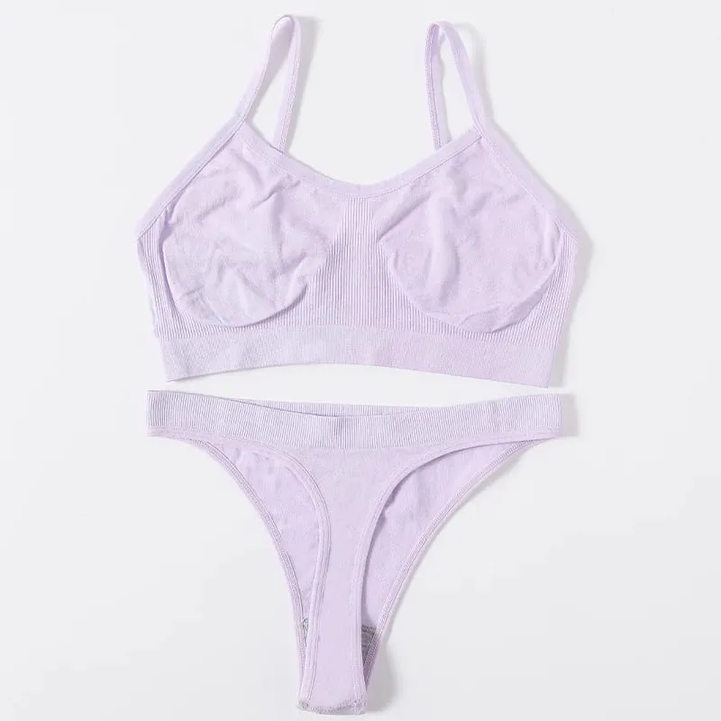 Women Seamless Bra And Panties Set Wire Free Bralette High Leg Cut Thongs Comfort Ribbed Unlined Underwear Sexy Lingerie Set — image 14