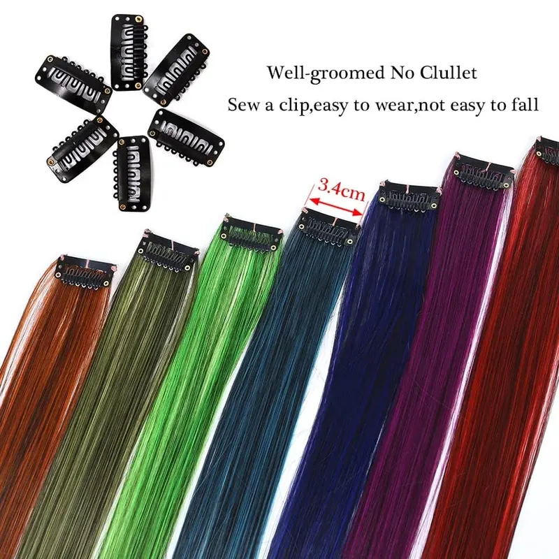 Synthetic Clip Hair Extension 22 Inch Long Straight Colored Rainbow Highlight Hair Pieces For Women Natural False Fake Hair