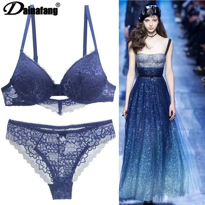 2022 New Lace Drill Bras Set Women Plus Size Push Up Underwear 34/75 36/80 38/85 40/90 42/95 ABCD Cup For Female Lingerie — image 1