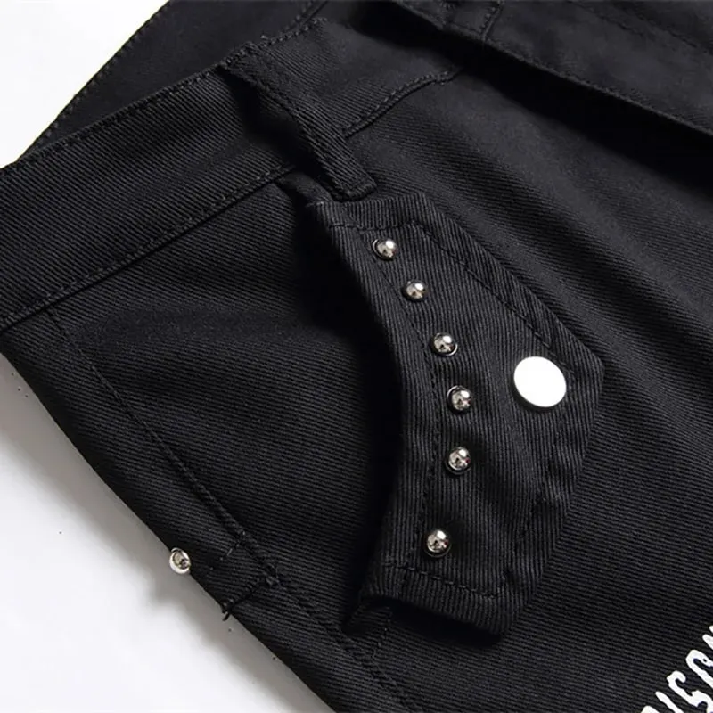 Men's Scotland Red Plaid Tartan Patchwork Jeans Punk Rivet Patch Black Denim Pants Skull Letters Printed Slim Straight Trousers — image 4
